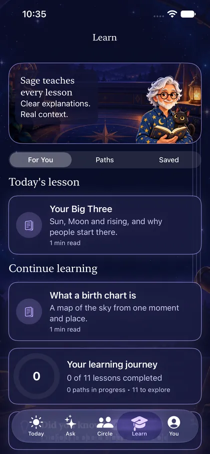 The Learn screen in Starlight Guide