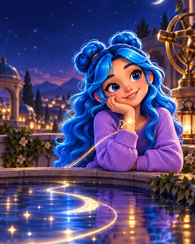 Luna resting her chin on her hand beside a starlit pool in a moonlit observatory garden