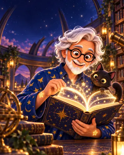 Sage reading a glowing star book with his black cat in an observatory library