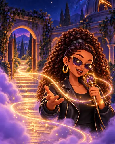 Zara singing into a microphone on a glowing stairway through violet clouds