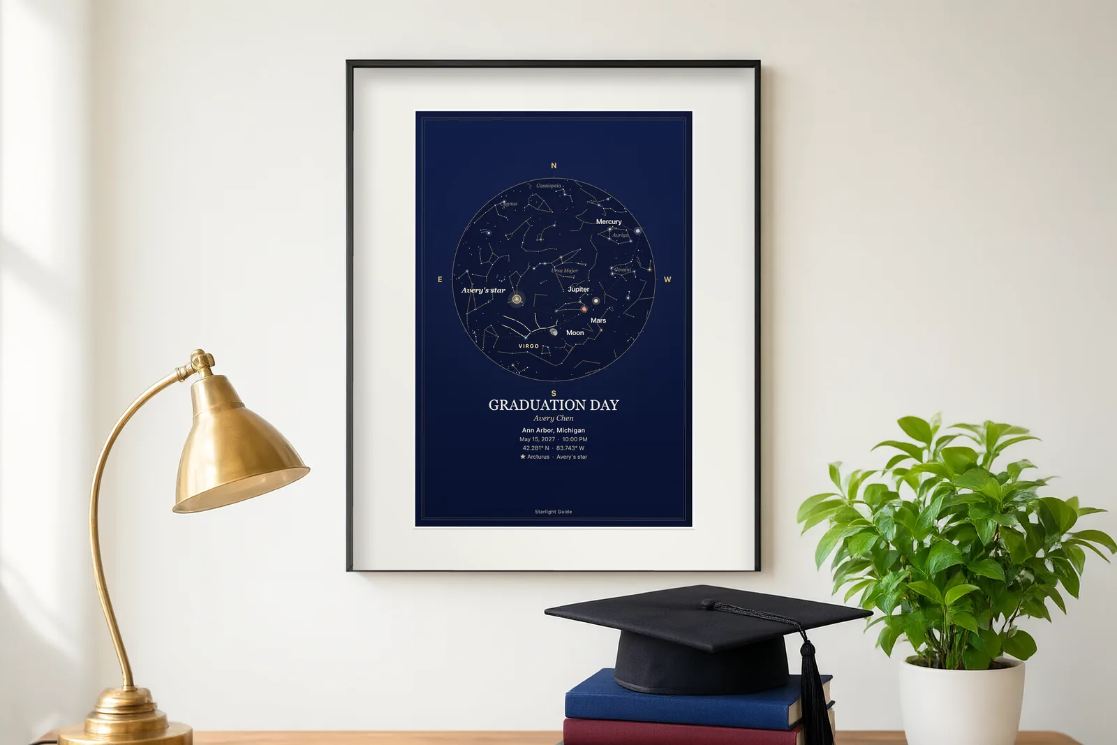 A navy star map titled 'Graduation Day' framed above a desk with a brass lamp and a graduation cap.